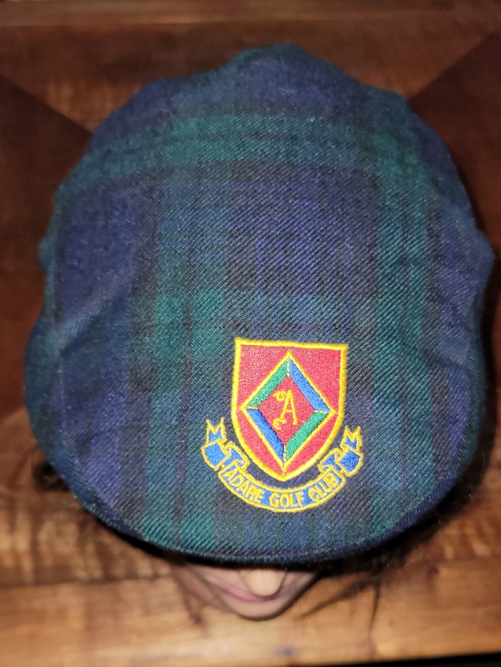 Tartan Plaid Golf Cap with Embroidered Crest. Made In Scotland. Adare Golf Club